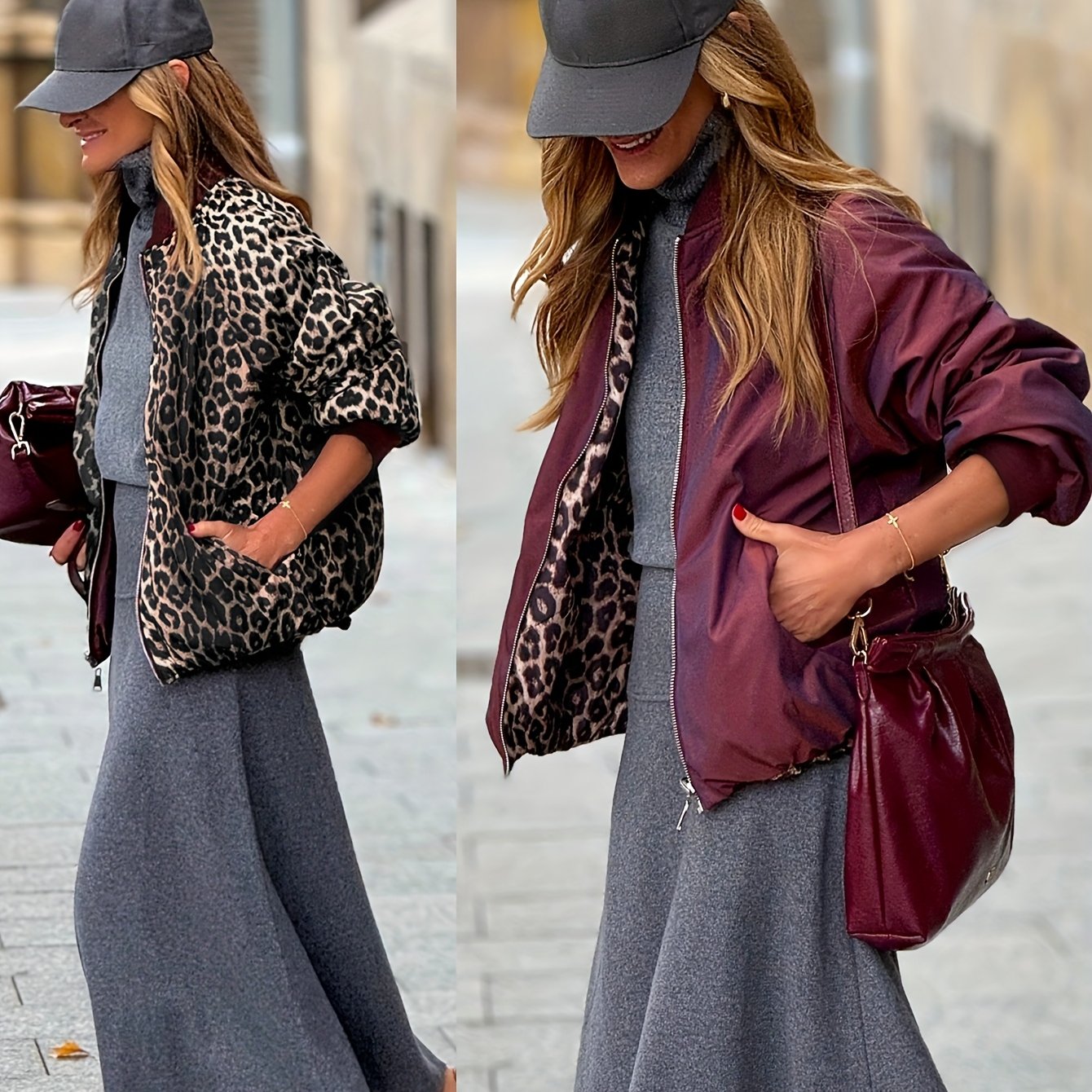 Կանացի երկկողմանի, երկկողմանի, կայծակաճարմանդով առջևի բաճկոն - ընձառյուծի նախշով և բորդո առօրյա վերարկու, նորաձև հաստ կտոր, դիմացկուն վերնազգեստ նորաձևության սիրահարների համար, ընձառյուծի նախշով բաճկոն, նորաձև վերնազգեստ, կրկնակի շերտավոր դիզայն