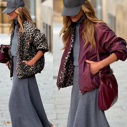 Կանացի երկկողմանի, երկկողմանի, կայծակաճարմանդով առջևի բաճկոն - ընձառյուծի նախշով և բորդո առօրյա վերարկու, նորաձև հաստ կտոր, դիմացկուն վերնազգեստ նորաձևության սիրահարների համար, ընձառյուծի նախշով բաճկոն, նորաձև վերնազգեստ, կրկնակի շերտավոր դիզայն