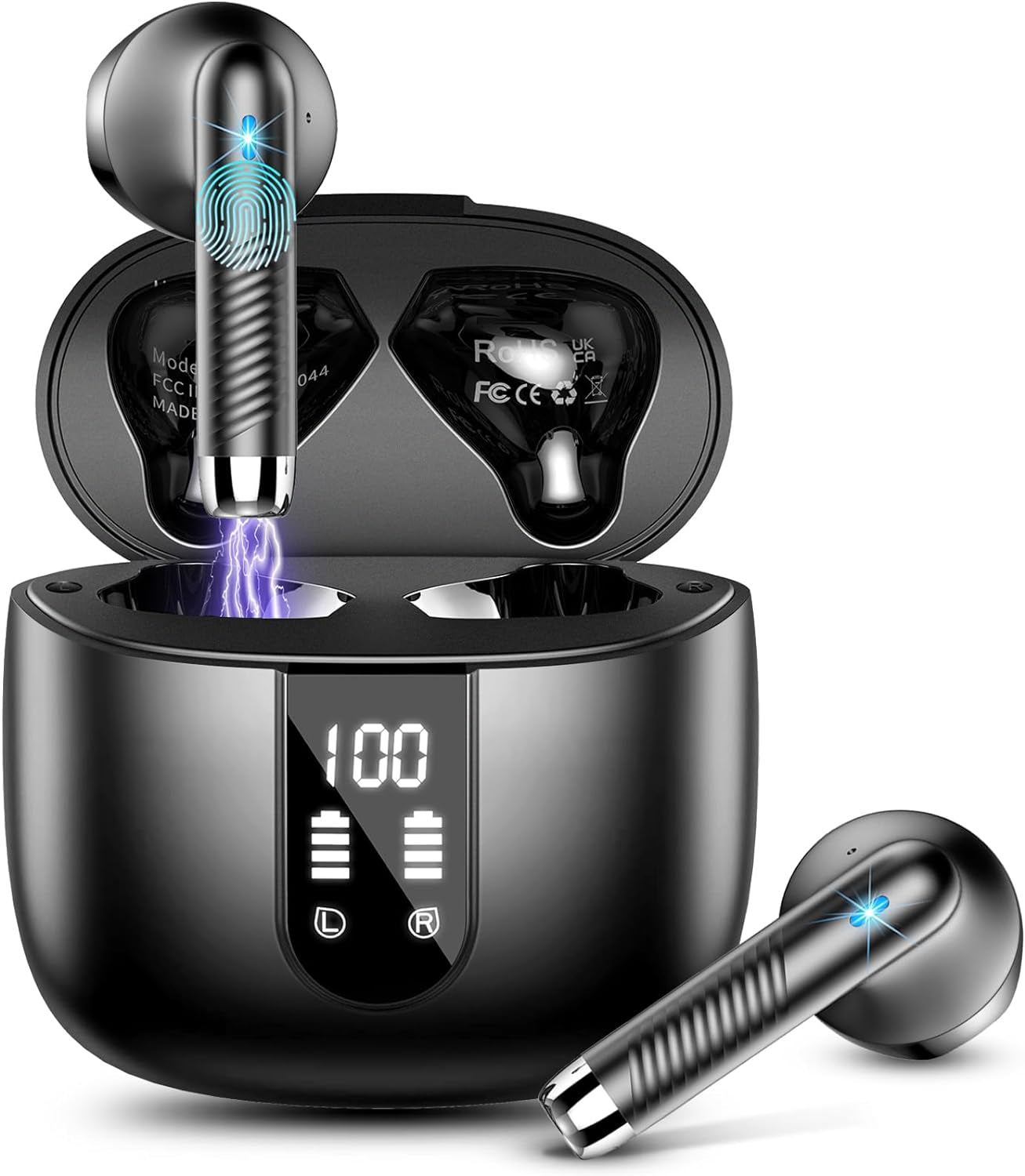 Wireless Earbuds, Bluetooth Headphones V5.4 Stereo Bass Ear Buds with ENC Noise Cancelling Mics, 40H Bluetooth Earbuds with LED Display Charging Case, IP7 Waterproof Earphones for Android Ios, Black