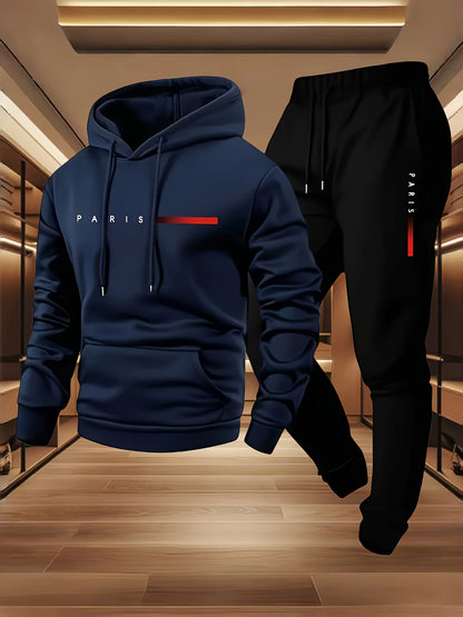 Halloween Men'S Hoodie with PARIS Lettering And Drawstring Sweatpants Set, a Must-Have Outfit for Autumn And Winter, Perfect for Everyday Outdoor Wear - ayq