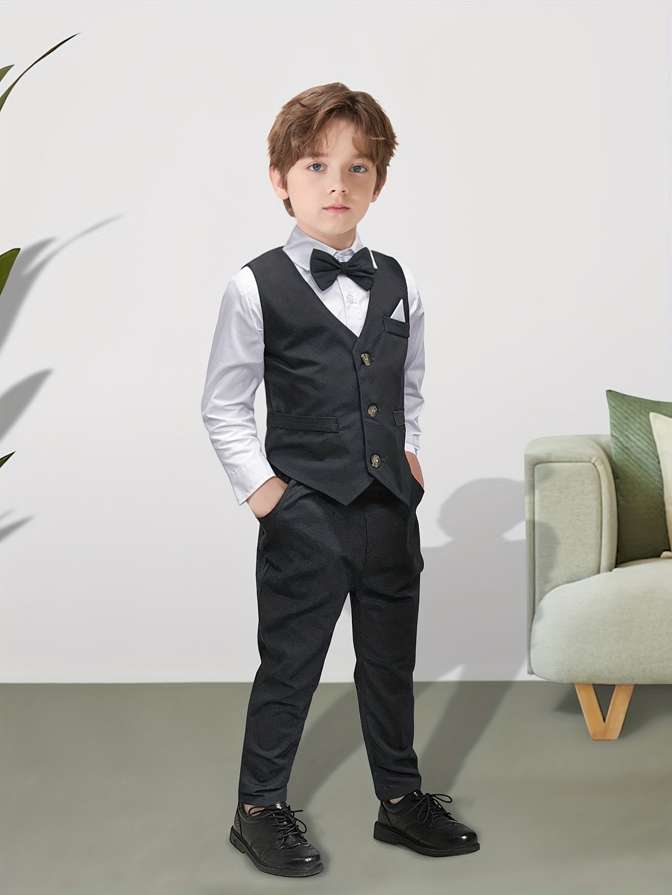 Boys' 4-Piece Preppy Suit Set with Vest and Bow Tie