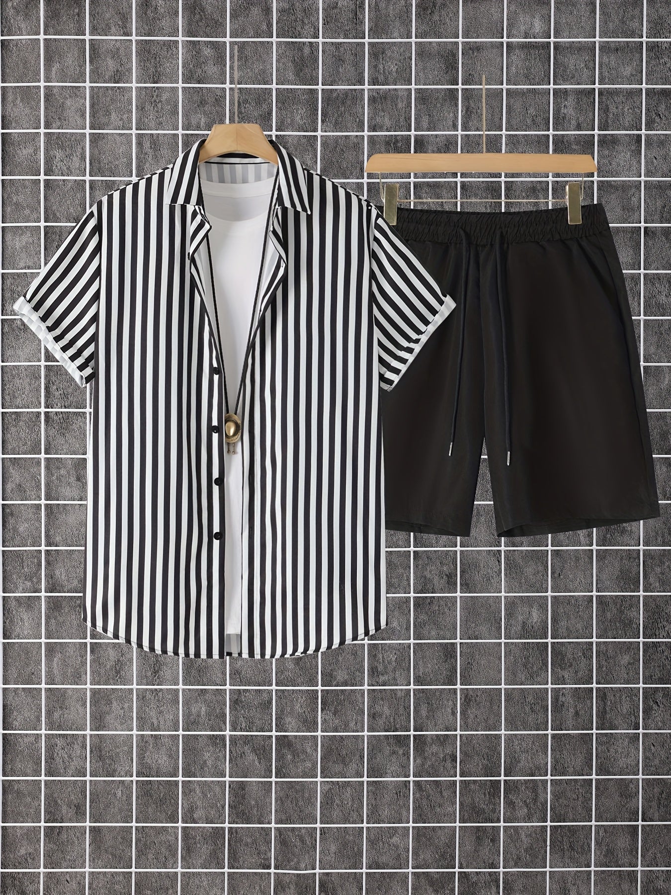 Men's Summer Printed Button-Up Shirt & Shorts Set