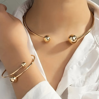 2pcs Metal Glossy Adjustable Bracelet and Necklace Set