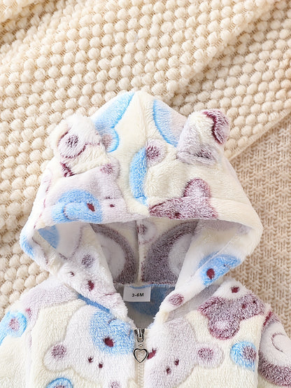 European and American Autumn/Winter Boys' Flannel Fleece-Lined Cute Bear Pattern Beige Zip-Up Hoodie + Fleece-Lined Casual Pants Two-Piece Set, Perfect for Outdoor Wear, Essential Gift, Perfect for Outdoor, Thick