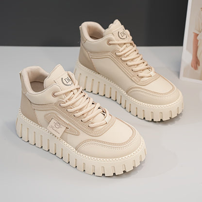 1 Pair Women'S Fashion Mid-Top Casual Sneakers, PU Upper, Fabric Lining, Rubber Sole, and EVA Insole, Lace-Up Design, with All-Season Versatile Athletic Shoes