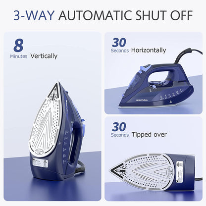BEAUTURAL Steam Iron for Clothes with Precision Thermostat Dial, Ceramic Coated Soleplate, 3-Way Auto-Off, Self-Cleaning, Anti-Calcium, Anti-Drip Blue