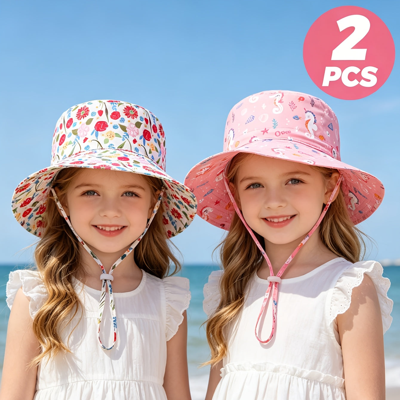 Girls' Floral Wide Brim Bucket Hats with Windproof Cord - 2pcs