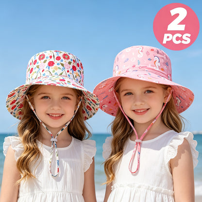 Girls' Floral Wide Brim Bucket Hats with Windproof Cord - 2pcs