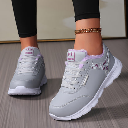 Կանացի ձմեռային ջերմային բրդանման կարճաճիտք կոշիկներ - մոխրագույն և վարդագույն սինթետիկ վերնամաս, ներբանային ճկունություն, կապերով ցածր կոճի ձնագնաց կոշիկներ սառույցի վրա քայլելու համար, ամենօրյա և - ցուրտ եղանակին դրսում կրելու տաք կոշիկներ