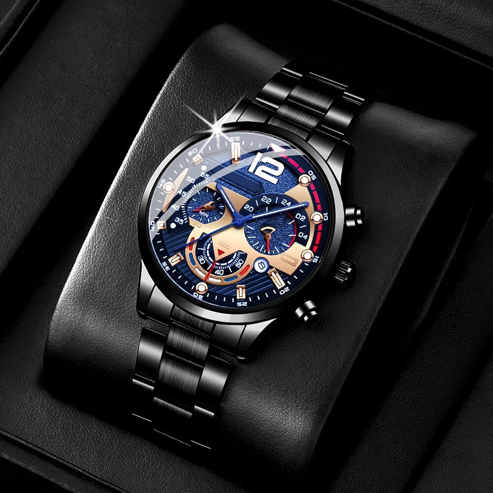 4pcs Men'S Practical Set, Including a Business Quartz Watch, a Business Belt, a Business Wallet, And Stylish Glasses - The All-Black Series Highlights a Business Demeanor, Representing Men in Business, High-End And Classy