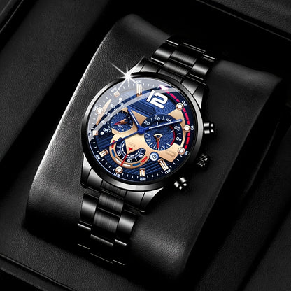 4pcs Men'S Practical Set, Including a Business Quartz Watch, a Business Belt, a Business Wallet, And Stylish Glasses - The All-Black Series Highlights a Business Demeanor, Representing Men in Business, High-End And Classy