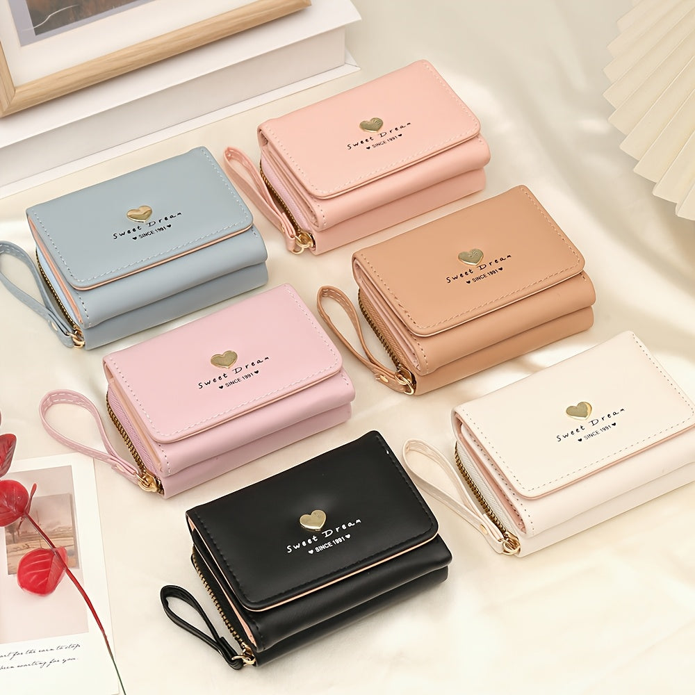 New Women'S Short Wallet, Cute Korean-Style Heart-Shaped, Large Capacity with Multiple Card Slots, Trendy Tri-Fold Design.