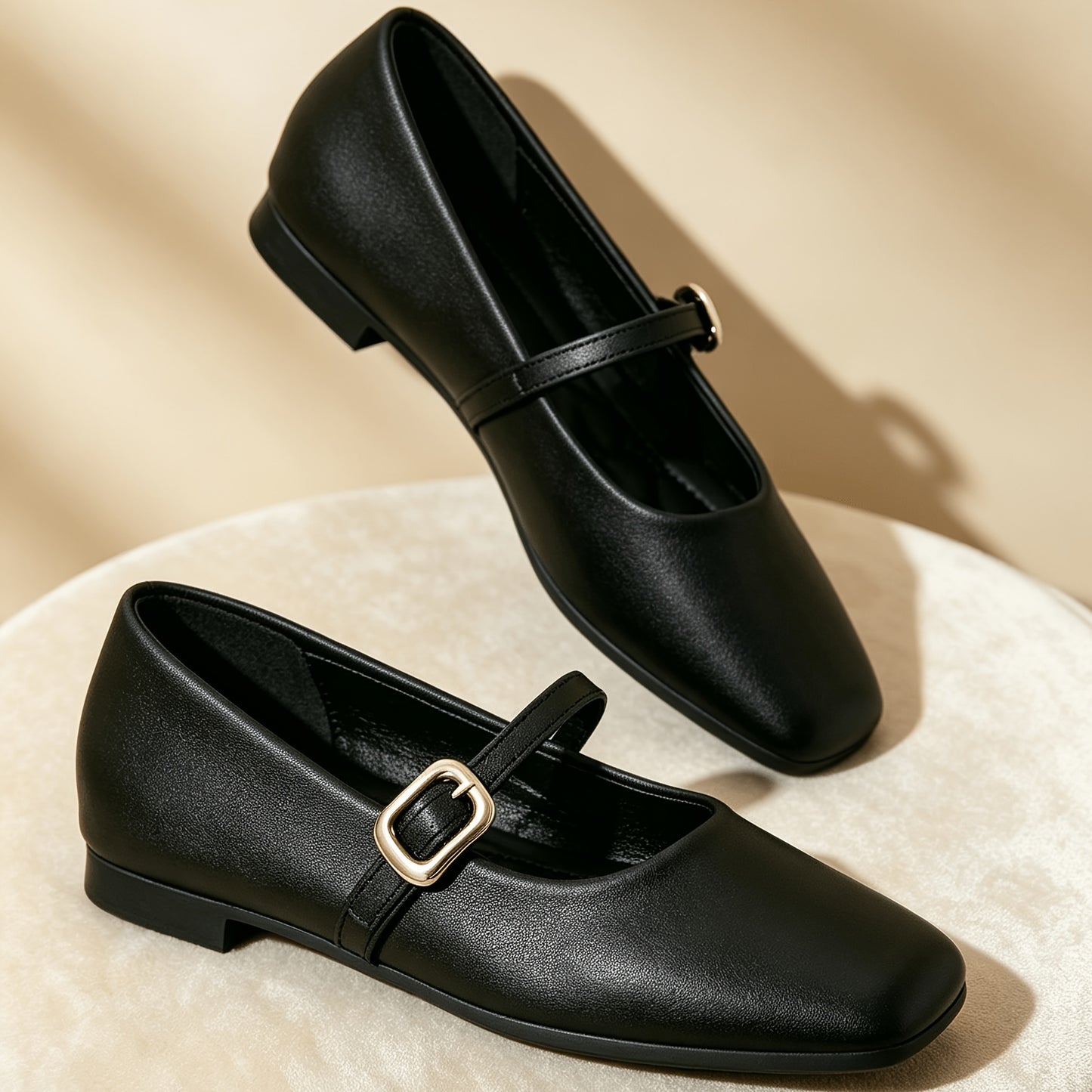 Women's Black Square-Toe Mary Jane Flats with Buckle, Comfortable All-