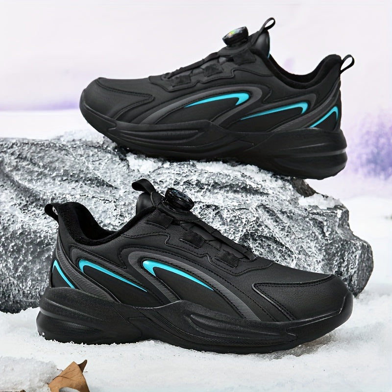 Men's Warm Fleece-Lined Casual Running Shoes - Stylish Black with Blue & Turquoise Accents, Durable Rotating Buckle Closure, Comfortable Non-Slip Sole for Hiking & Outdoor Activities, Fall/Winter