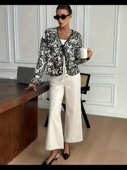 Women's Elegant Black & White Floral blazer - Tie-front closing, Non-Stretchy structure for Fall/Winter, Office, Party, Everyday Chic Jacket - Machine Washable Women's Outerwear, Party Attire, Sophisticated Design