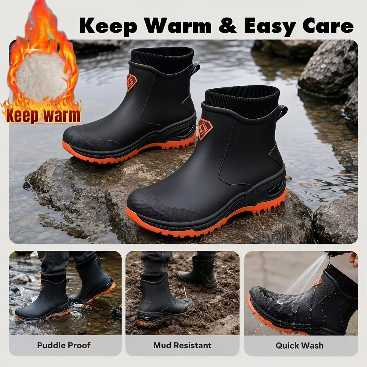 Unisex Winter Plush-Lined Rubber Rain Boots - Slip-Resistant