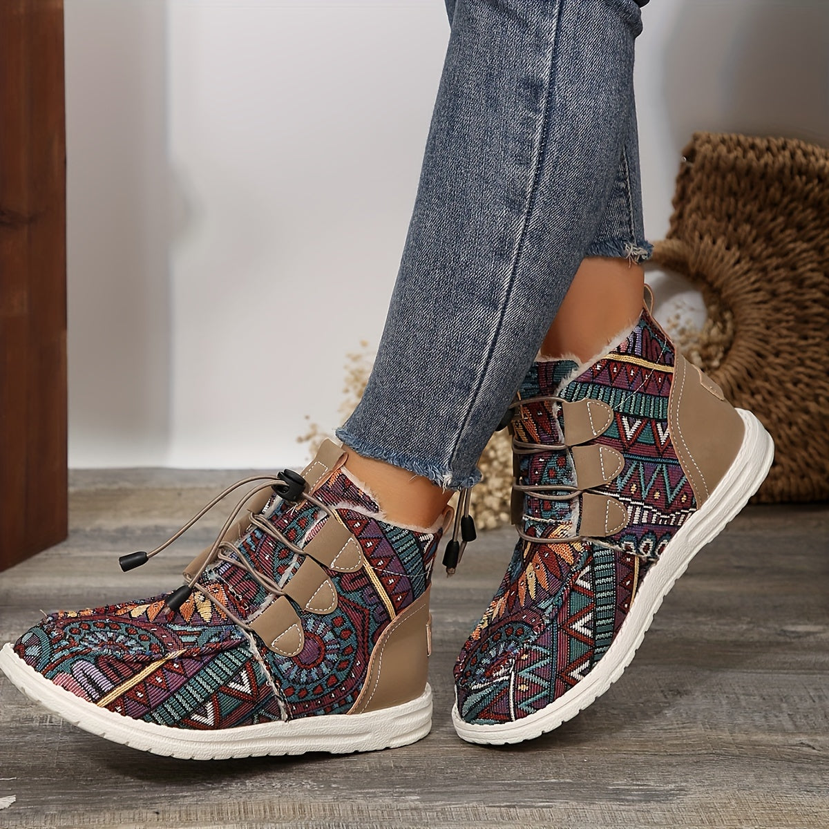 Կանացի հարմարավետ ձմեռային կոշիկներ - Հարմարավետ, սահելով հագնվող, միջին բարձրության կոշիկներ հաստ ներբանով, կլոր քթով, սպիտակ և սև ժանյակավոր դիզայնով - Իդեալական են ցուրտ եղանակի, ձյան և ձմեռային կոշիկների համար: