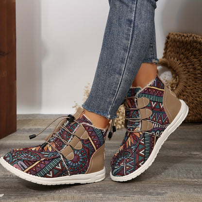 Կանացի հարմարավետ ձմեռային կոշիկներ - Հարմարավետ, սահելով հագնվող, միջին բարձրության կոշիկներ հաստ ներբանով, կլոր քթով, սպիտակ և սև ժանյակավոր դիզայնով - Իդեալական են ցուրտ եղանակի, ձյան և ձմեռային կոշիկների համար: