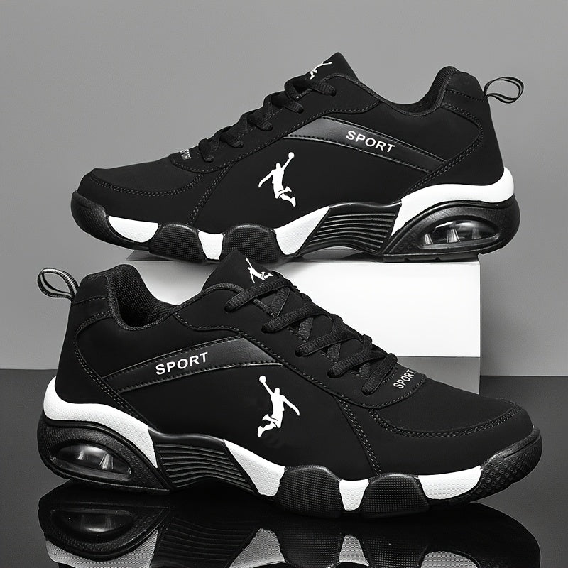 Unisex Low-Top Sneakers with Breathable Mesh & Air Cushion Technology - Comfortable Lace-Up Casual Shoes for Running, Walking, Training - Black & White Design, Synthetic Synthetic Faux Upper, Fabric Lining, All-Season Wear, R - ayq