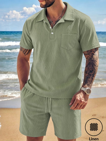 Men's Casual Linen Polo Shirt & Loose Shorts Set for Summer