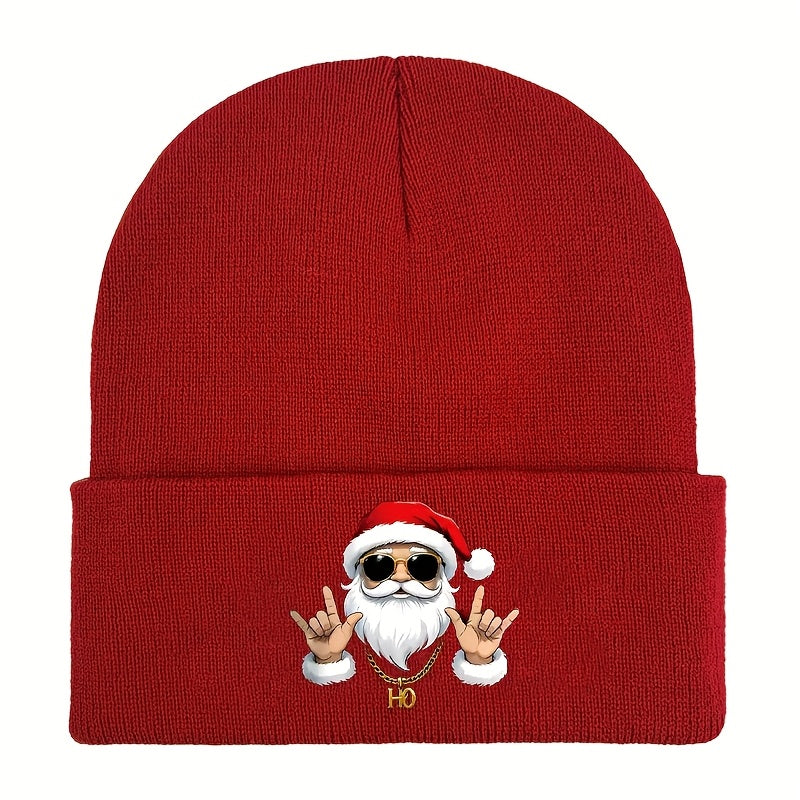 Men's Retro Santa Claus Print Beanie Hat - Red & White Christmas Knit Cap with Iconic Santa Face, Golden Ho Ho Ho Logo-like Charm, Stretchy Warm Winter Cap for Holiday Parties, New Year's & Casual Wear (Hand Washable)