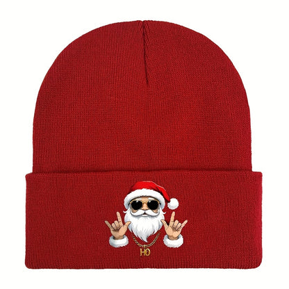 Men's Retro Santa Claus Print Beanie Hat - Red & White Christmas Knit Cap with Iconic Santa Face, Golden Ho Ho Ho Logo-like Charm, Stretchy Warm Winter Cap for Holiday Parties, New Year's & Casual Wear (Hand Washable)