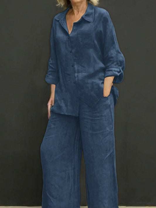 Elegant Women's Casual Cardigan & Pants Set in Solid Color