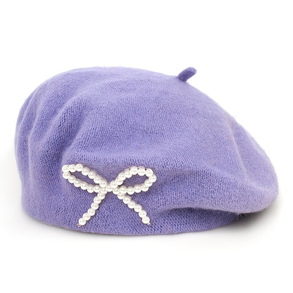 1pc Women's Wool Beret with Pearl Bow - Elegant, Breathable, and Stylish in Multiple Colors (Black, Brown, Gray, Beige, Purple, Pink) for Casual Attire