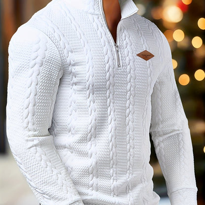 CLQWE Men's White Cable- Jacket with Collar & Brown Button Panel - Half-Zip Long Sleeve Blazer, Machine Washable Winter Coat for Casual & Formal Wear, Tailored Fit (No Belt)