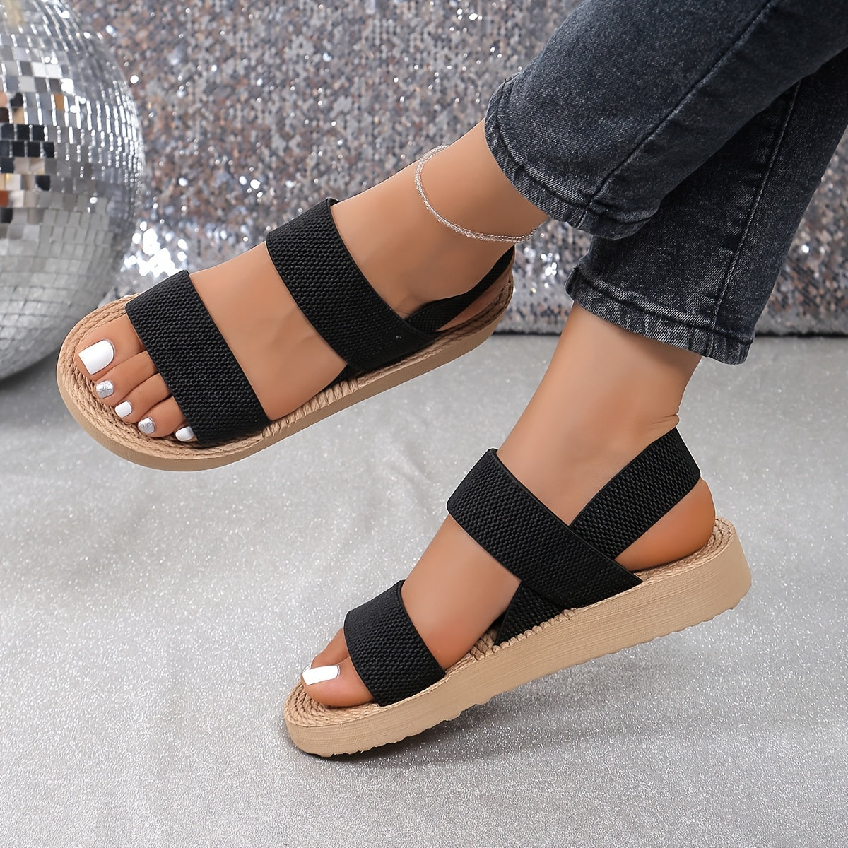 1 Pair Women'S Casual Open Toe Wedge Sandals - Solid Color Fabric Upper with Slip-On Closure, EVA Sole and Insole, Low Heel Platform Shoes for All Seasons