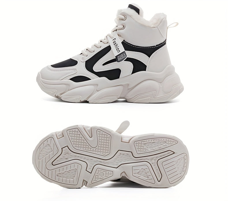 Women's Plush Fleece-Lined High-Top Sneakers - Thick-Soled Winter Warm Lace-Up Shoes with PU Upper & Cushioned PVC Sole, White/Black/Grey Chunky Dad Shoes (Cozy Round Toe) - Instagram Trendy Winter Footwear by I Trend