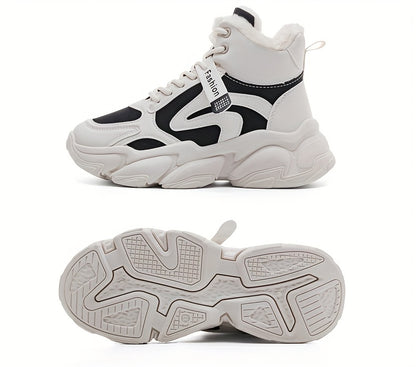 Women's Plush Fleece-Lined High-Top Sneakers - Thick-Soled Winter Warm Lace-Up Shoes with PU Upper & Cushioned PVC Sole, White/Black/Grey Chunky Dad Shoes (Cozy Round Toe) - Instagram Trendy Winter Footwear by I Trend