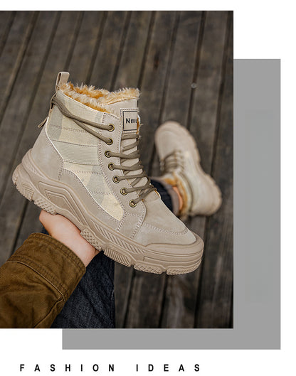 Men's High-Top Winter Boots with -Like Collar & - Heavy-Duty PU Upper, PVC Sole, Beige/Tan Lace-Up Snow Boots for Ice, Slush,, Outdoor (Warm Cold Weather Footwear)