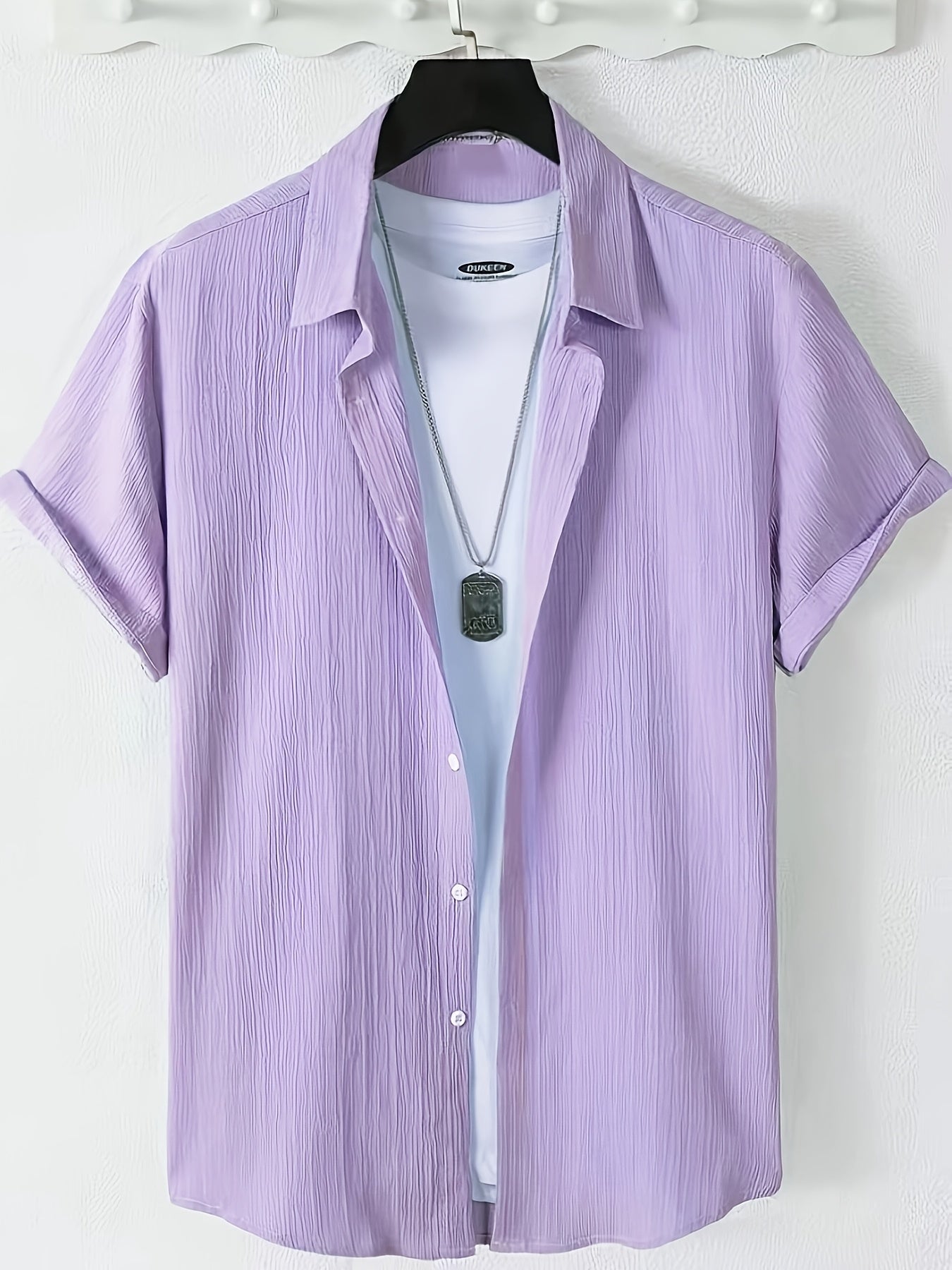 Men's Casual Button-Front Shirt with Lapel Collar, Lightweight Polyest