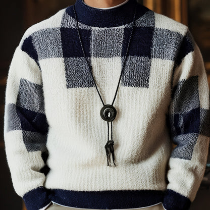 Տղամարդու կլոր վզնոցով սվիտեր, աշնանային և ձմեռային նոր ոճեր, նորաձև և բազմակողմանի, դիմացկուն, հաստ և տաք, երկար թևքերով, վանդակավոր նախշերով, մաշկին հարմար, հարմարավետ, փափուկ, երիտասարդական և նորաձև, նեղ չափսերով, նորաձև, գործնական