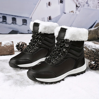 Women's Winter Snow Boots with -Like Collar & Traction Tread - Warm Round Toe Ankle-High Black/White Booties, Rubber Sole for Ice & Snow, Cold Weather Shoes (No Calf Strap) - Chinese New Year Ready Footwear
