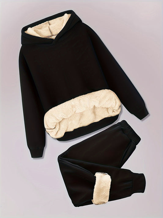 Two-piece set for children with velvet, new 2023 Men's hooded sweatshirt for medium and large children, thick and warm, fashionable and handsome, loose Men's winter clothing, black handsome sports and casual suit, thick coat,
