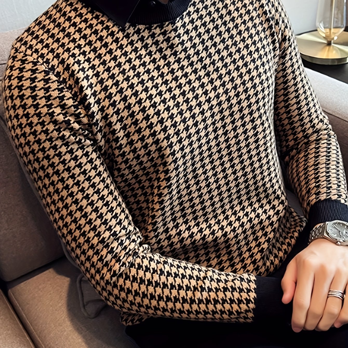 Նոր տղամարդու Houndstooth գունավոր խճճված սվիտեր, կլոր վզնոցով և երկար թևքերով ամենօրյա սվիտեր, տրիկոտաժե