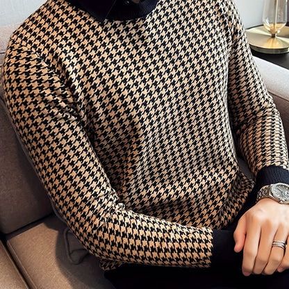 Նոր տղամարդու Houndstooth գունավոր խճճված սվիտեր, կլոր վզնոցով և երկար թևքերով ամենօրյա սվիտեր, տրիկոտաժե