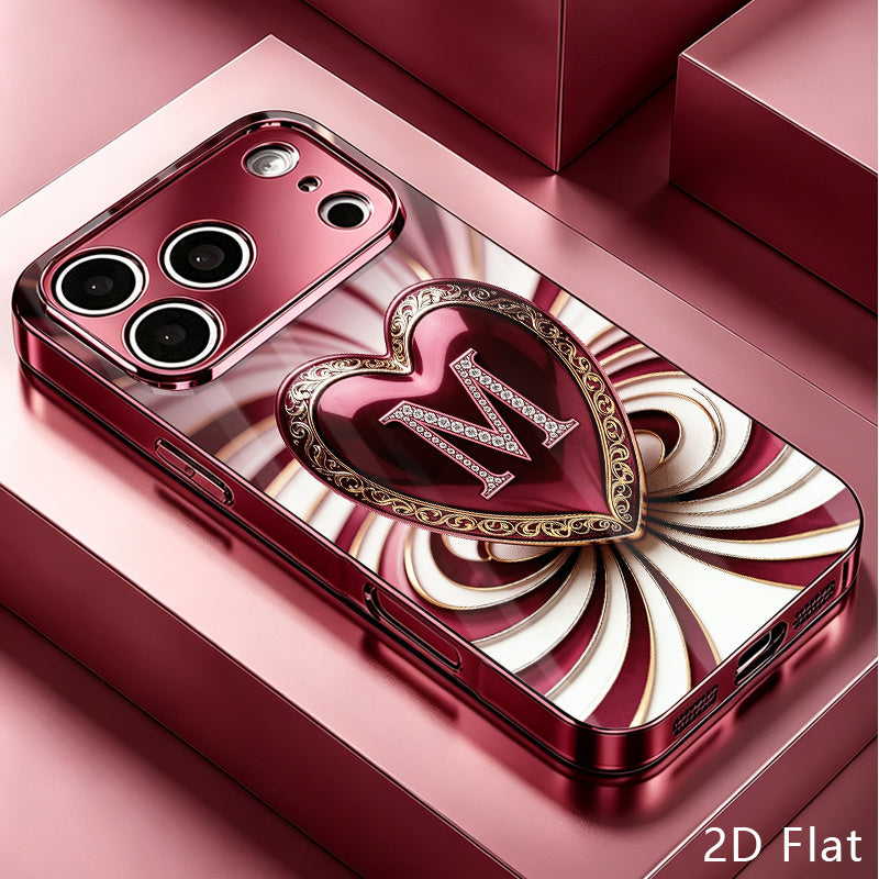 Luxury Wine Red Heart Rhinestone Tempered Glass Phone Case