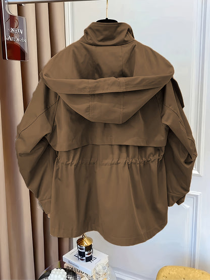 Կանացի միագույն պոլիեսթերային վերարկու՝ լարով գոտկատեղի, օձիքի և կրծքավանդակի գրպաններով - Գարնանային և աշնանային նորաձևություն, հարմարավետ, չձգվող գործվածք, ամենօրյա վերնազգեստ | Դասական երկար թևքեր | Չձգվող նյութ