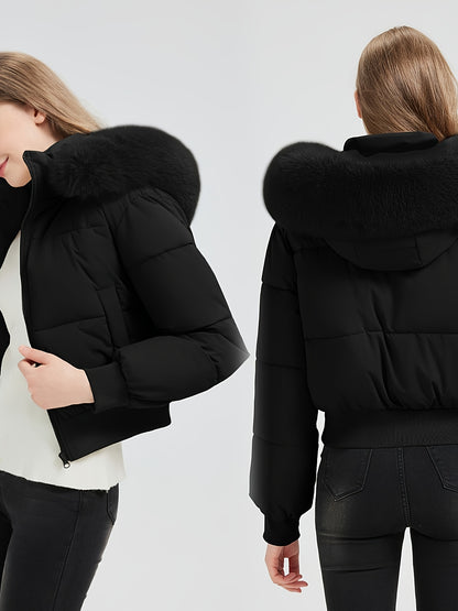 Women'S Winter Jacket - Elegant Short Coat with Detachable Hood, Zippered Pockets, Warm Outerwear for Cold Weather, Office, Parties, Everyday - Chic Winter Clothing for Women, Party Wear, Sleek Design, Cozy Lining, Fashioncon