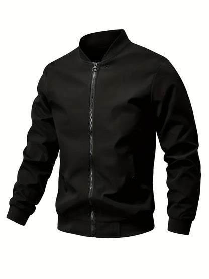 1pc Men'S Casual Stand Collar Bomber Jacket, Solid Color Long Sleeve Non-Stretch Woven Acetate with Pockets, Polyester Lined Zip-Up Lightweight Outerwear for Spring/Fall
