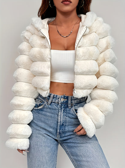 Elegant Women's Short Hooded Plush Coat for Fall/Winter