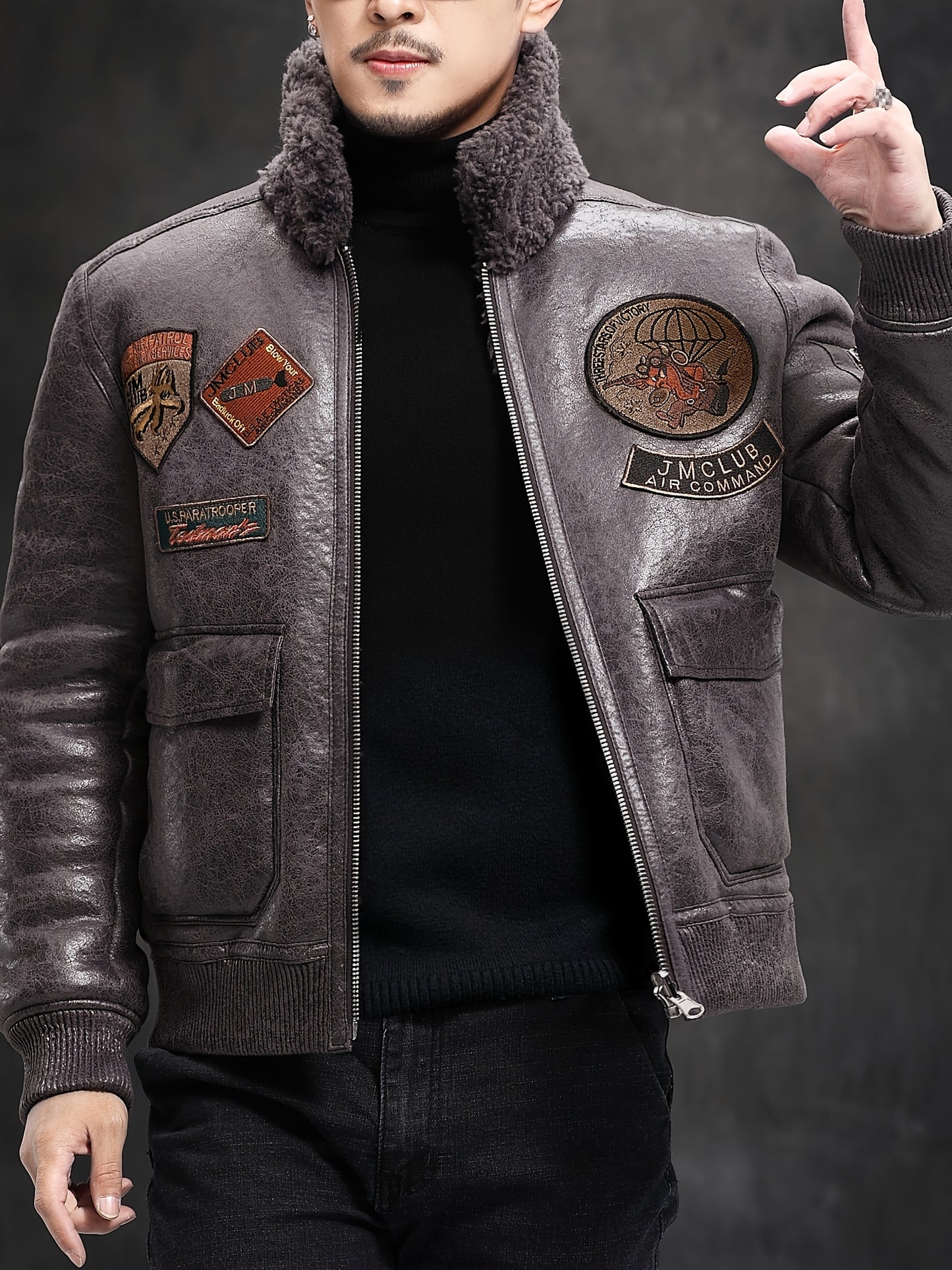 Men'S Faux Fur Lined Biker Jacket, Casual Long Sleeve Applique Air Force Style, Polyester 100% Knit Fabric, Solid Color Lapel Collar, Zipper Closure, Regular Fit for Daily & Golf Occasions - Fall/Winter Collection