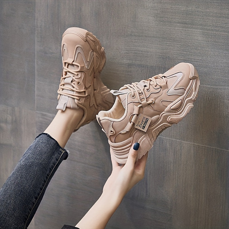 Women's Fashion Chunky Sneakers, All-Season Lightweight Lace-Up Sports Shoes with Breathable Mesh, Solid Color Low Top Casual Dad Shoes, PU Upper, Fabric Inner & EVA Sole