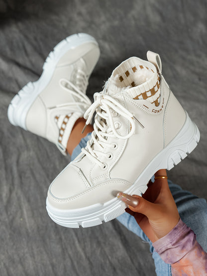 gfhfgjjfg Women's Casual High-Top Platform Ankle Boots with Lace-Up Closure, Thick Rubber Sole & Faux Cover Upper - Winter Warm Round Toe Boots for Casual Attire (Black/White/Beige), Comfortable Footwear, Durable Traction Foo