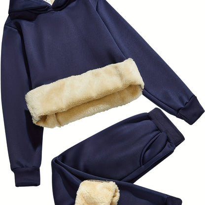 2pcs Boys' Thick Fleece-Lined Hooded Sweatsuit Set - Cozy Winter Warmth, Long Sleeve Pullover & Pants with Pockets, Casual Outdoor Playwear for Fall/Winter, for Outdoor, Winter Clothing