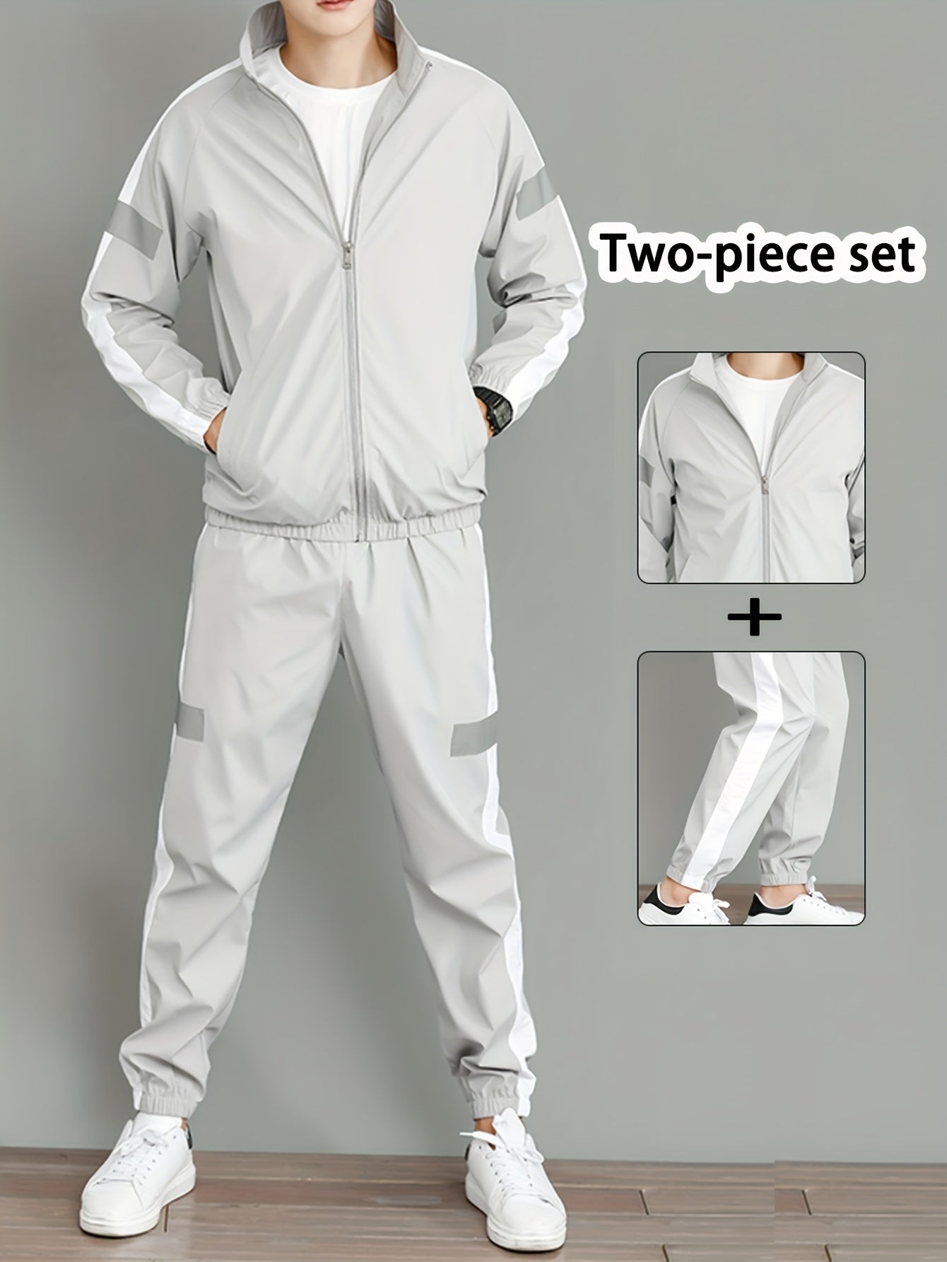 Men's Casual Polyester Jacket and Joggers Set for Spring & Fall