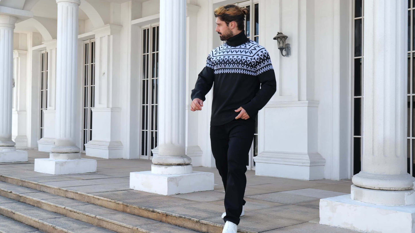 Տղամարդու երկրաչափական գրաֆիկական նախշերով տրիկոտաժե սվիտեր, աշնանային ձմեռային երկար թևքով կրիայով վզնոցով, բացօթյա հագուստի համար